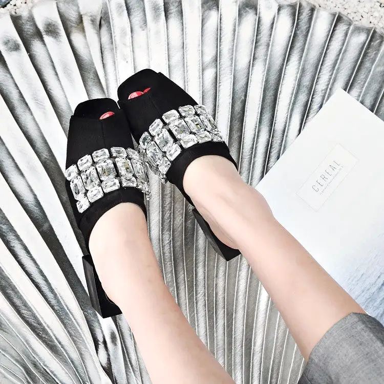 Women's Rhinestone Block Chunky Heel Slides Sandals