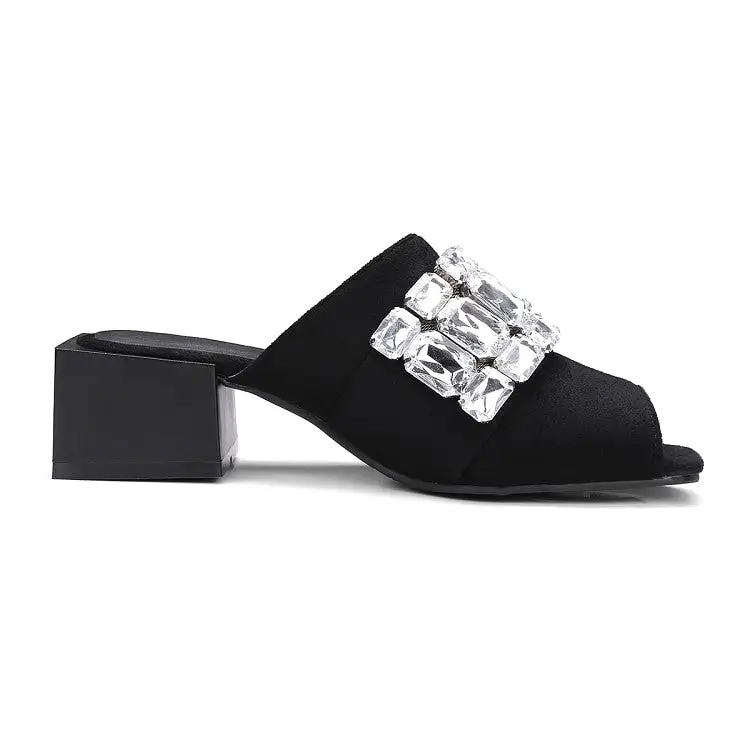 Women's Rhinestone Block Chunky Heel Slides Sandals