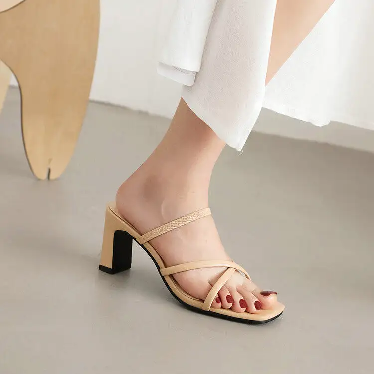 Women's Roman Gladiator Crossed Narrow Straps Block Heel Slides Sandals