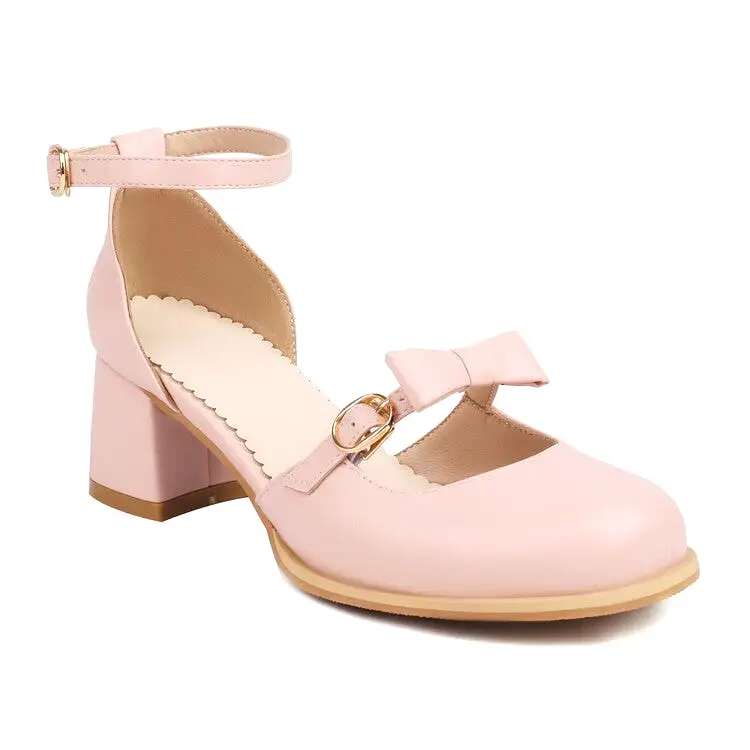 Women's Round Toe Bow Tie Ankle Strap Block Chunky Heel Sandals