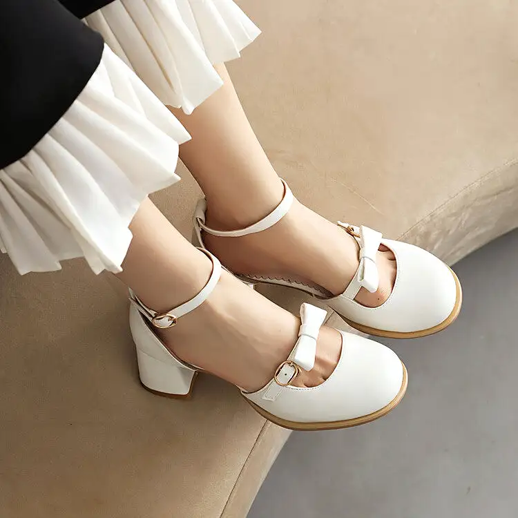 Women's Round Toe Bow Tie Ankle Strap Block Chunky Heel Sandals