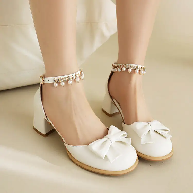 Women's Round Toe Bow Tie Pearls Ankle Strap Block Chunky Heel Sandals