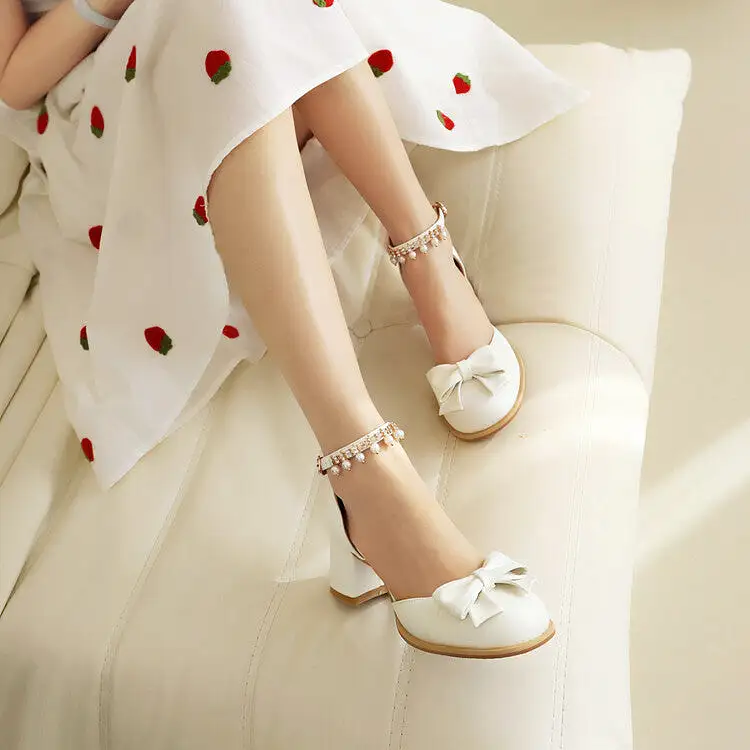 Women's Round Toe Bow Tie Pearls Ankle Strap Block Chunky Heel Sandals