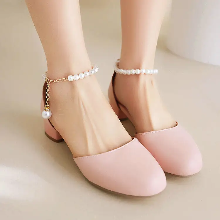 Women's Round Toe Pearls Beads Ankle Strap Block Chunky Heel Sandals