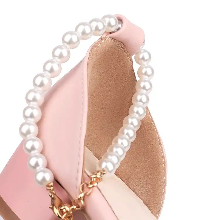 Women's Round Toe Pearls Beads Ankle Strap Block Chunky Heel Sandals