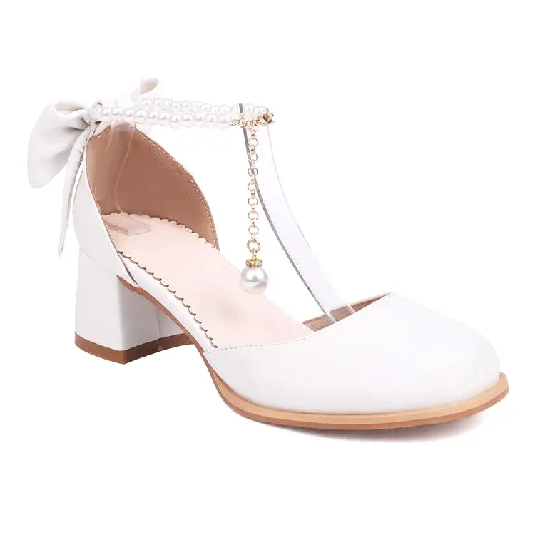 Women's Round Toe Pearls Beads Bow Tie Block Chunky Heel Sandals