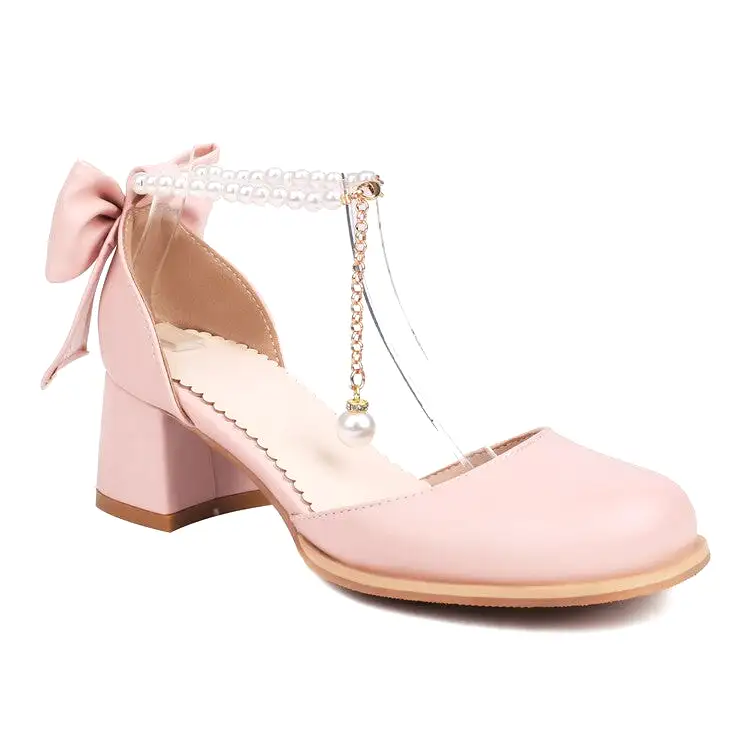 Women's Round Toe Pearls Beads Bow Tie Block Chunky Heel Sandals