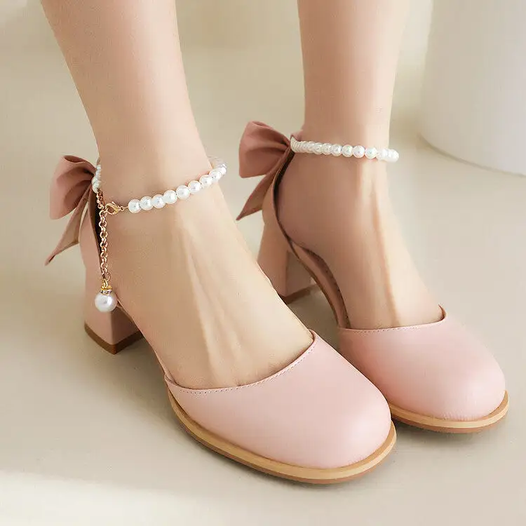 Women's Round Toe Pearls Beads Bow Tie Block Chunky Heel Sandals