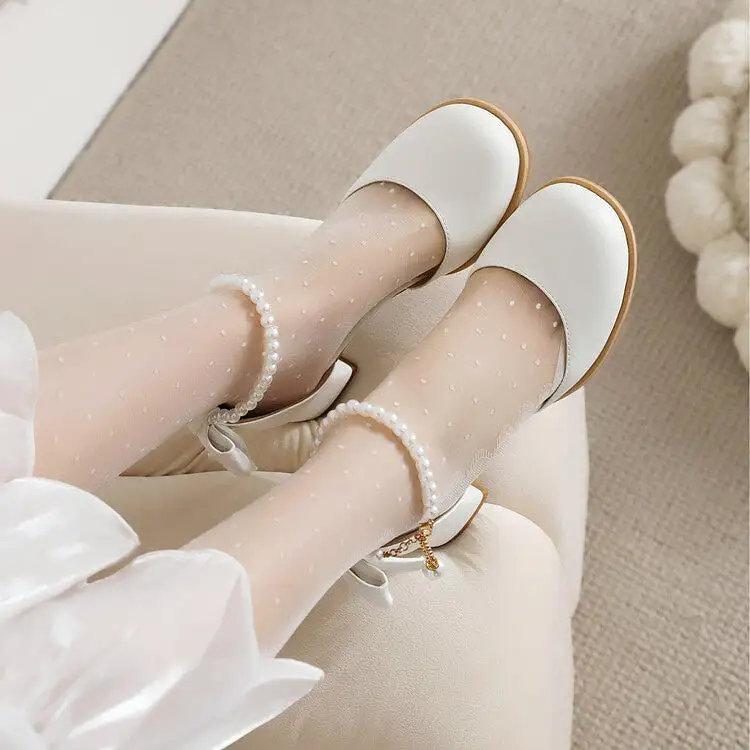 Women's Round Toe Pearls Beads Bow Tie Block Chunky Heel Sandals