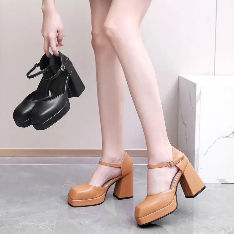 Women's Square Toe Ankle Strap Block Chunky Heel Platform Sandals